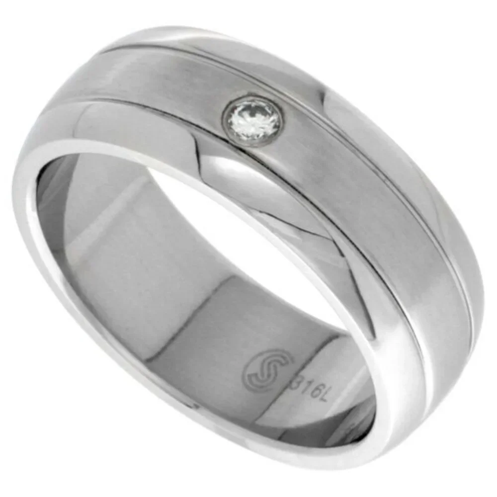 Surgical Stainless Steel 8mm CZ Domed Wedding Band
